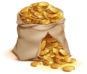 Full bag of gold coins burst. Cash gold money