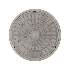 Rusty manhole cap, grunge manhole cover, round, isolated on white background with clipping path.