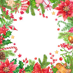 Christmas decoration with greenery, flowers, red berries. Vintage watercolor frame background