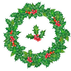 Green holly Christmas wreath with lettering Happy New Year. Watercolor illustration isolated on white background 