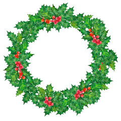 Green holly Christmas wreath with lettering Happy New Year. Watercolor illustration isolated on white background 