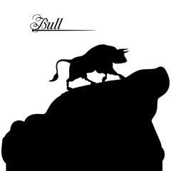 Black bull rises uphill, silhouette on a white background