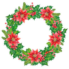 Green Holly leaf with red poinsettia circle wreath hand drawn vintage watercolor illustration isolated on white background