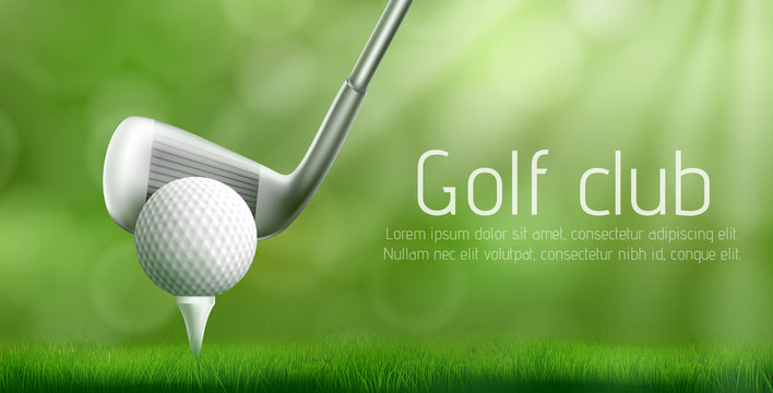 Golf club advertising banner template with putter under ball on tee pushed into golf course green lawn. Sport competition or tournament invitation flyer, promo poster 3d realistic vector illustration