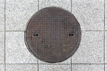 Rusty manhole cap, grunge manhole cover, round