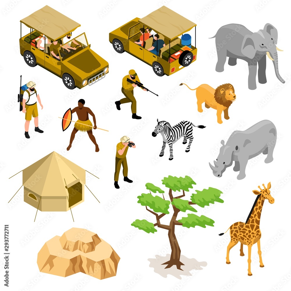 Sticker Isometric Safari Icons Set