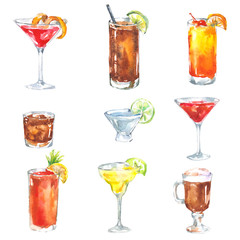 Alcohol drinks cocktail set watercolor illustration isolated on white background
