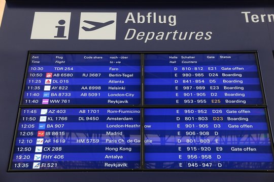 FRANKFURT, GERMANY - DECEMBER 6, 2016: Departures info screen of Frankfurt International Airport in Germany. It is the 12th busiest airport in the world with 61 million passengers in 2015.