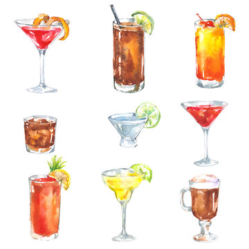 Alcohol Drinks Cocktail Set Watercolor Illustration Isolated On White Background