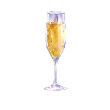 Champagne glass with wine. Watercolor illustration isolated on white background