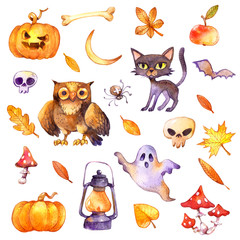 Skull, Pumpkin Lantern, Black cat, Ghost, Spider, Owl, Bones, Mushrooms and Bat with autumn leaves. Cute Halloween icons. Watercolor illustration collection set, isolated on white background