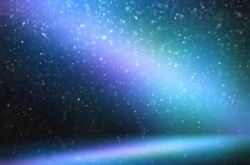 Fototapeta na wymiar Snow falling into secret night room 3d illustration. Magical light on dark blue green lilac iridescent background. Blurred pattern. Wall and floor soft texture.