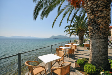 Palm trees, tables and fence by the sea