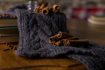 Fototapeta na wymiar Cinnamon sticks on warm grey scarf in winter evening.
