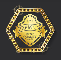 Guarantee 100 percent best quality. Golden badge decorated by stars and border with light bulbs, emblem of premium product, glossy certificate sign vector