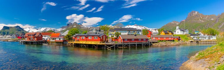 Svolvaer, Lofoten Islands,   Fjord and Red Norwegian Rorbu, Norway - obrazy, fototapety, plakaty