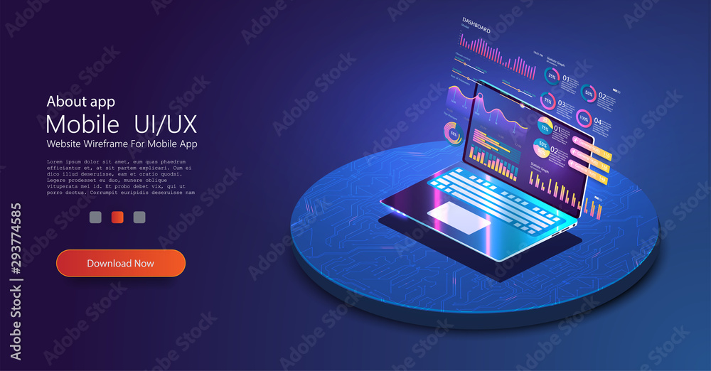 Poster application of laptop with business graph and analytics data. business statistics charts, diagrams v