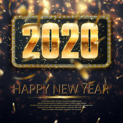 2020 Happy New Year Background for  Seasonal Flyers and Greetings Card or Christmas themed invitations. Happy New Year dark festive background. 2020 gold text design. Vector greeting  golden numbers.