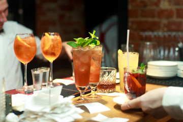 Few cocktails on bar in restaurant