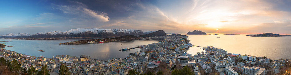 Panorama of Alesund city at sunset in west Norway