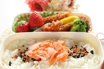 Japanese bento packs lunch, salmon and rice with cutlet