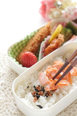 Japanese bento packs lunch, salmon and rice with cutlet