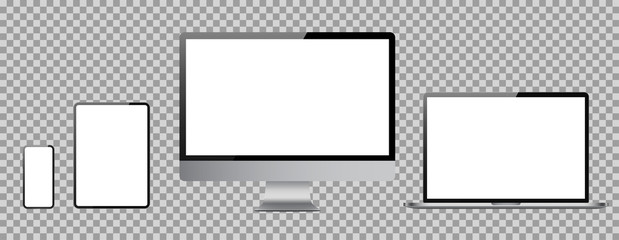 Set of computer, laptop, tablet and phone in realistic vector style.