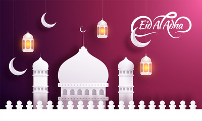 Beautiful white mosque, illuminated lanterns and moon on fuschia background. Islamic festival of sacrifice Eid-Al-Adha Mubarak concept.