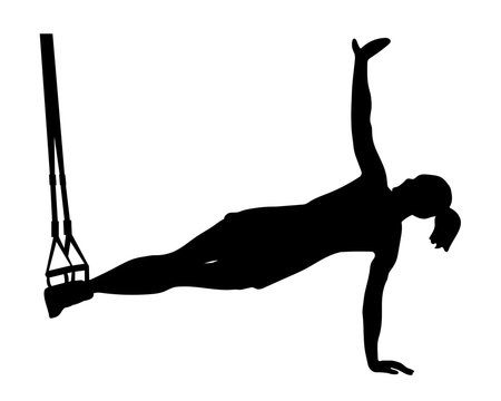 Side view of woman standing in side plank while doing TRX exercises with rope isolated on white.