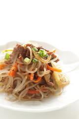 Korean food, glass noodles and beef stir fried vegetable Japchae