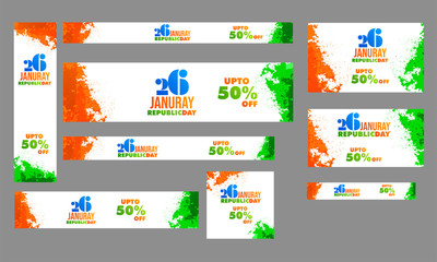 26 January advertising poster, promotional banner and template design with 50% discount offer, saffron and green grunge effect.