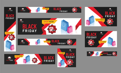 Collection of sale banner, header and poster design with 50% discount offer for Black Friday.