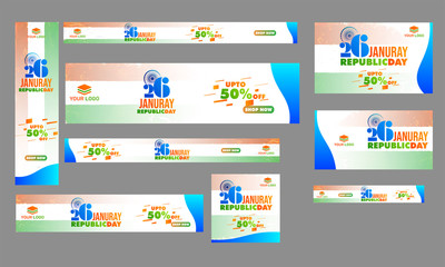 Advertising banner, poster and template collection with 50% discount offer for Republic Day sale.