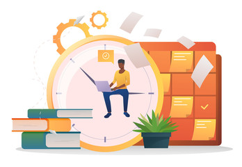 Student using laptop in library. Clock, stack of books, note board, papers. Time management concept. Vector illustration for topics like education, training, development