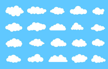 Clouds in the sky. Set of Cloud Icons in trendy flat style isolated on blue background. Cloud symbol for your web site design, logo.  Vector illustration, EPS10.