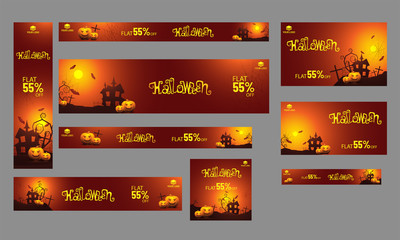 Set of sale banner, poster and template with 55% discount offer for Happy Halloween celebration.