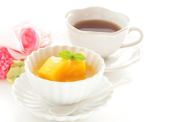 Gourmet dessert, tropical fruit  Mango and jelly