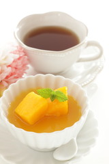 Gourmet dessert, tropical fruit  Mango and jelly