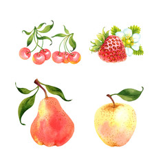 Isolated watercolor fruits set on white background: cherry, pear, strawberry, apple