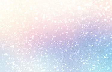 Fantastic winter holiday outdoor illustration. Iridescent pink blue yellow soft background. Fluffy snow shimmer pattern. Wonderful festive template.