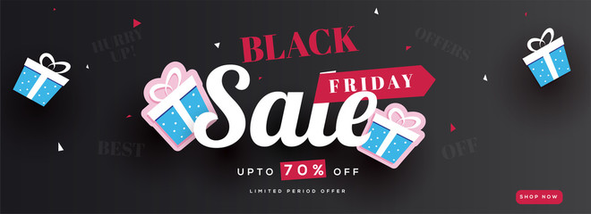 Black Friday Sale banner or header design, Upto 70% off offer with gift boxes on black background.