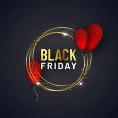 Black Friday text in golden circular frame decorated red balloons on black background.