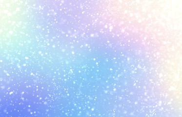 Fantastic holiday winter background. Fluffy snow pattern. Iridescent spectrum light. Blue yellow pink lilac soft gradient. Fairy tale abstract illustration.