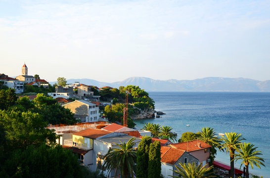 View of Gradac town located on the coast of Adriatic sea, Makarska riviera in southern Dalmatia, Croatia, Europe.