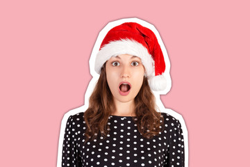 portrait of expressive shocked and surprised woman. emotional girl in santa claus christmas hat Magazine collage style with trendy color background