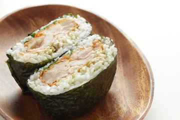 Japanese food, homemade fried chicken in rice ball with nori seaweed