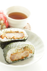 Japanese food, homemade fried chicken in rice ball with nori seaweed