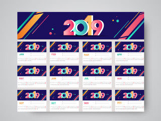 Set of 12 months for 2019 calendar design with abstract elements.