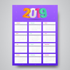 Yearly calendar 2019 template design in purple and white color.