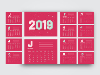 Complete set of 12 months for 2019 yearly calendar design with space for your important notes.